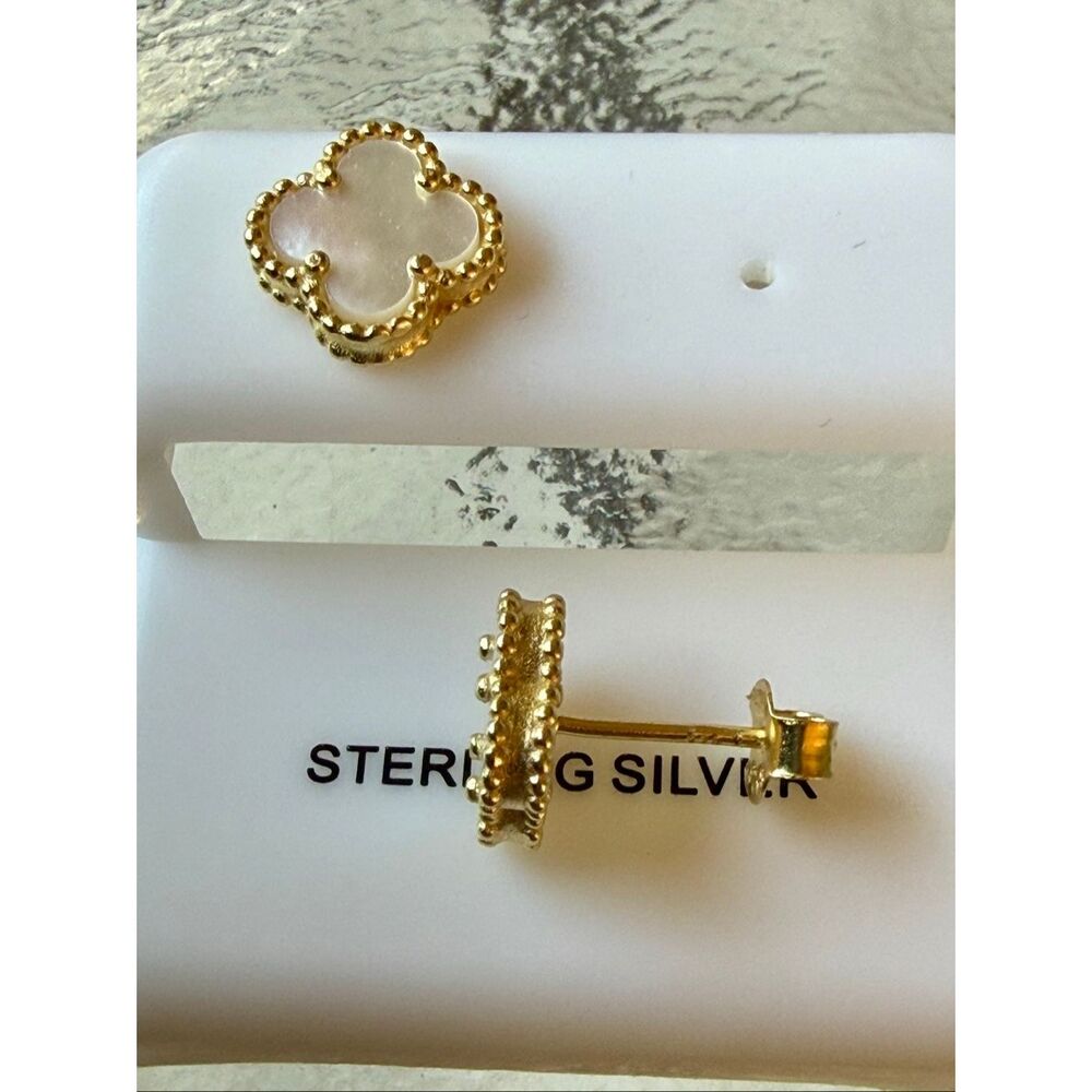 Mother of Pearl Clover Stud Earrings Gold Vermeil Beaded Trim Elegant Gift New - Picture 2 of 5